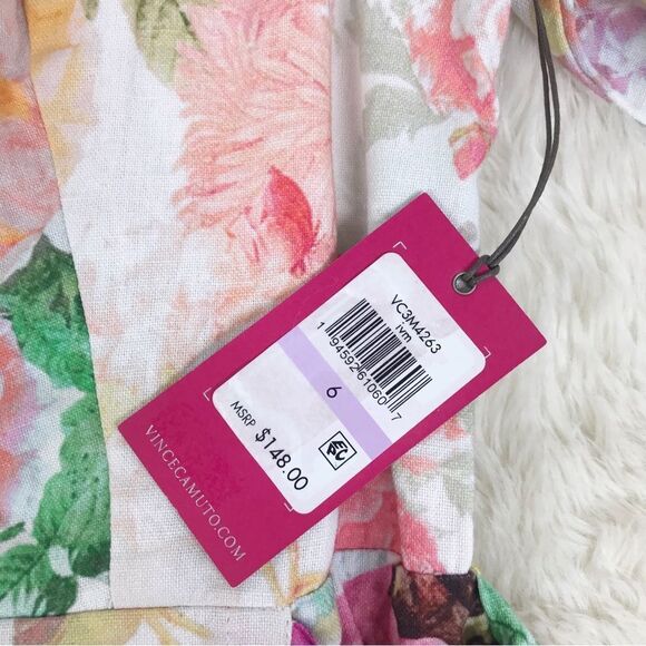 VINCE CAMUTO Floral Cotton Linen Mini Dress‎ Tie Waist Pink Green Size 2 6 New - Picture 10 of 16